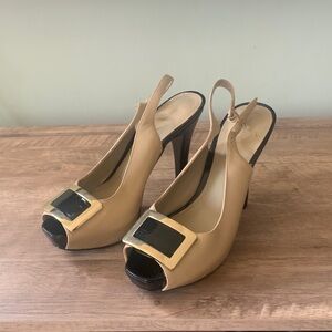 Nine West Tan Peep-Toe Slingback Heels